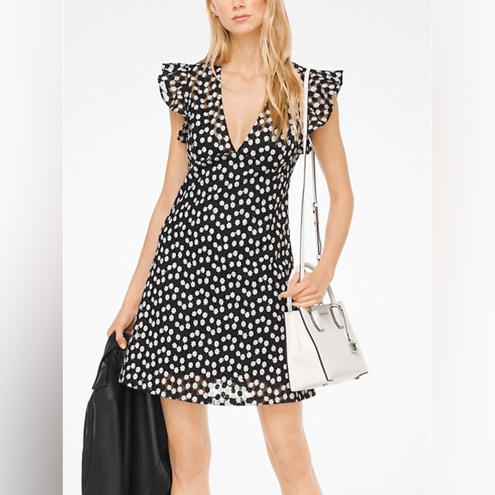 MICHAEL Kors Women's Floral Embroidered Mesh Floral Dress Size 4 (Black/White)
